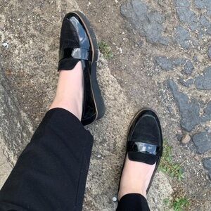 Dr Scholl's Womens Black Patent/Faux Suede Microfiber Loafer Flats Shoes 7.5